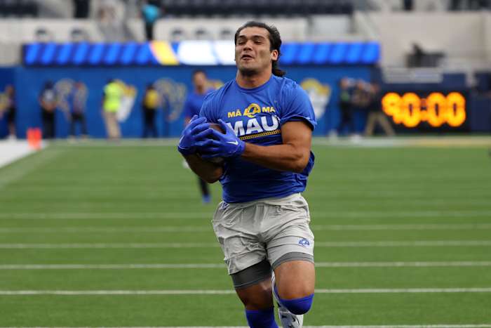 Aug 19, 2023; Inglewood, California, USA; Los Angeles Rams wide receiver Puka Nacua (17) warms up before the game against the Las Vegas Raiders at SoFi Stadium. Mandatory Credit: Kiyoshi Mio-USA TODAY Sports 